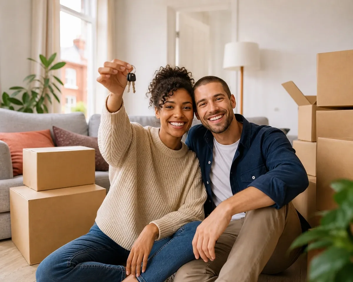 Young couple surrounded by moving boxes in their first home