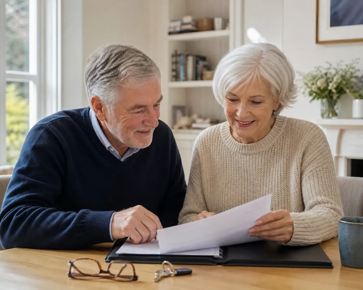 Older couple reviewing their move at home