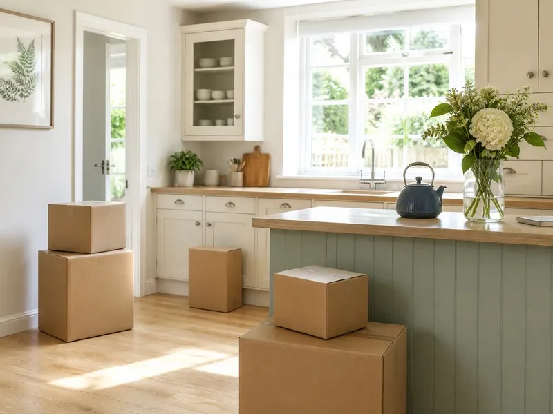 Bright kitchen in a home mid-move